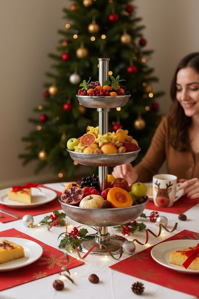 Βάση κέικ - Per Frutta e Altro - Torre Gourmet τριών ορόφων - Εκδοχή Χριστουγέννων - Ατσάλι ανοξείδωτο με γυαλιστερή επιφάνεια και διατρητά καλάθια - Αντίκες δεκαετίας του 1960. #4.3