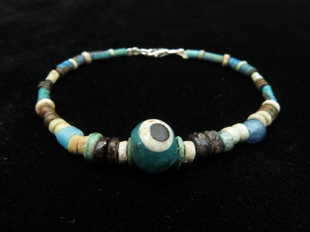 古埃及 饰有装饰的玻璃和陶瓷木乃伊珠子手链 - 16.5 cm (沒有保留價) #1.0