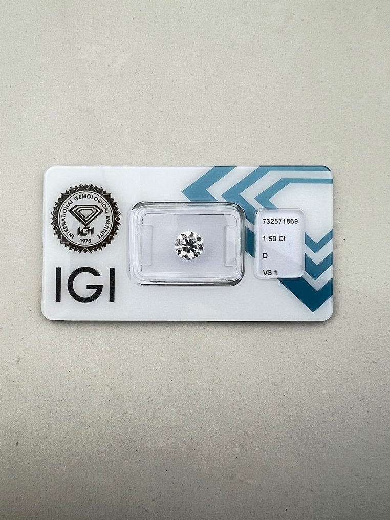 No reserve price - 1 pcs Diamond (Natural) - 1.50 ct - Round - D (colourless) - VS1 - International Gemological Institute (IGI) #1.0