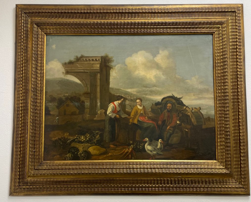 Italiensk skole (XVII) - Scena di mercato con figure presso rovine classiche romane #1.0