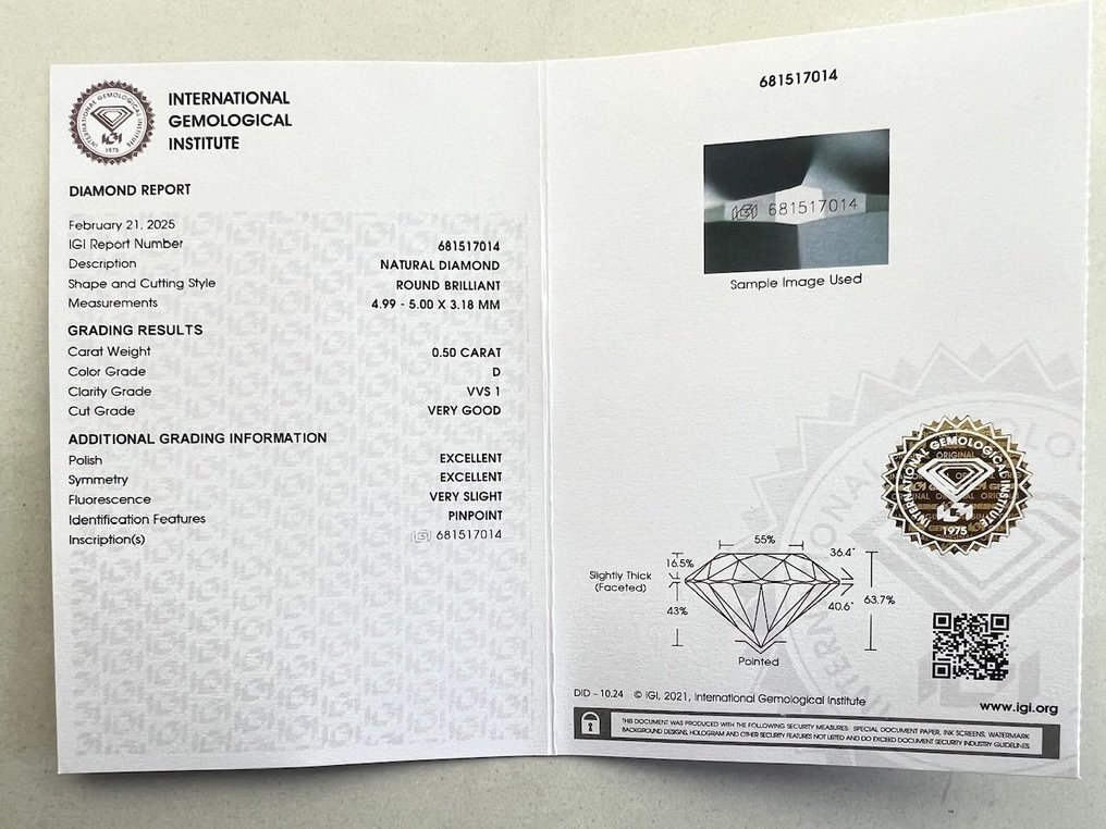 1 pcs 钻石 (天然) - 0.50 ct - 圆形 - D (无色) - VVS1 极轻微内含一级 - 国际宝石研究院(IGI) #2.1