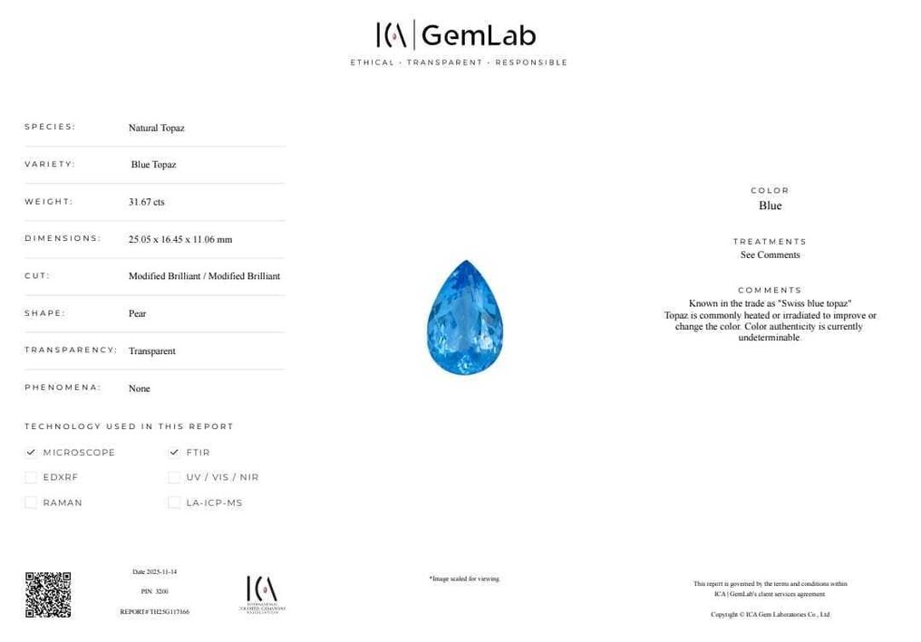 1 pcs 藍色 黃玉 - 31.67 ct - 國際有色寶石協會 (ICA GemLab) #3.2