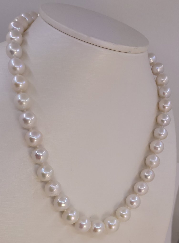 Sans prix de réserve - Collier Perles Edison blanches 9x11,5 mm - Fermoir en argent #1.0
