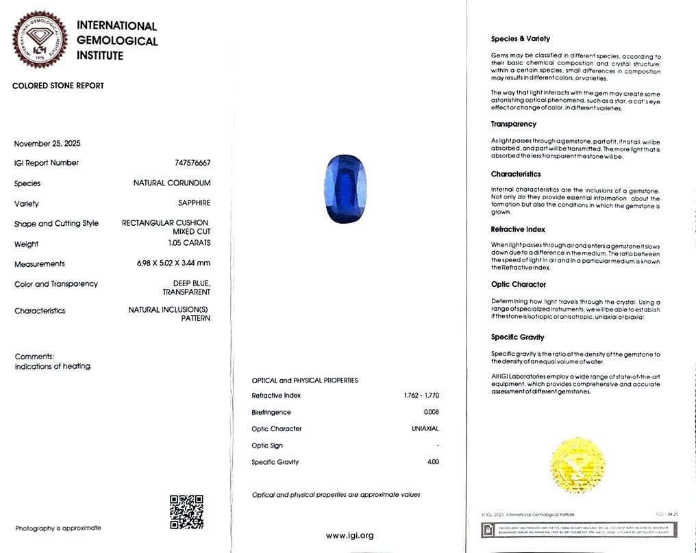 Ingen mindstepris Blå Safir - 1.05 ct - International Gemological Institute (IGI) #2.1