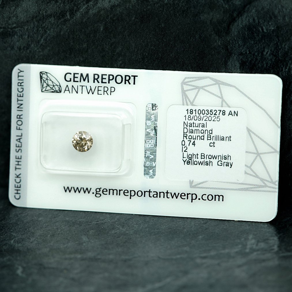 沒有保留價 - 1 pcs 鑽石 (天然彩色) - 0.74 ct - 圓形 - Light 淡褐色, 淡黃色 灰色 - I2 - Gem Report Antwerp (GRA) #2.1
