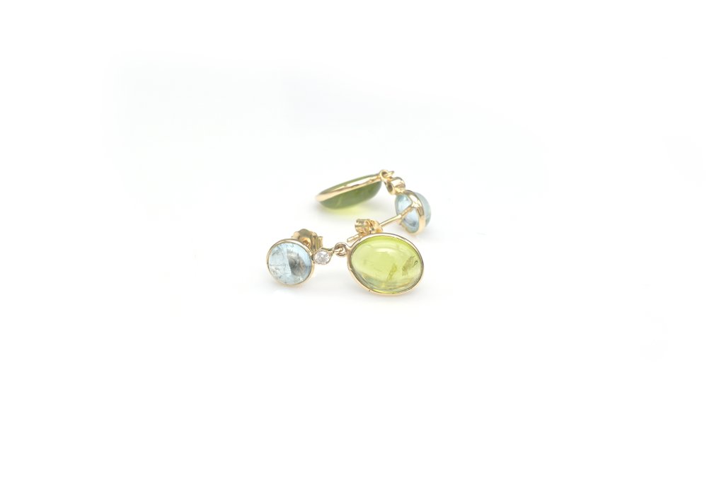 Zonder minimumprijs - Oorbellen - 14 karaat Geel goud - 5.80ct. tw. Olivijn - Diamant #2.1