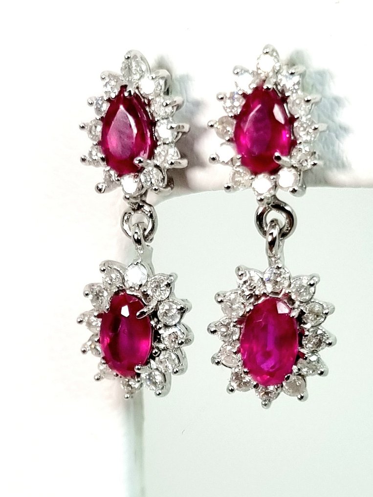 耳環 - 18 克拉 白金 紅寶石 - 鉆石 #2.1