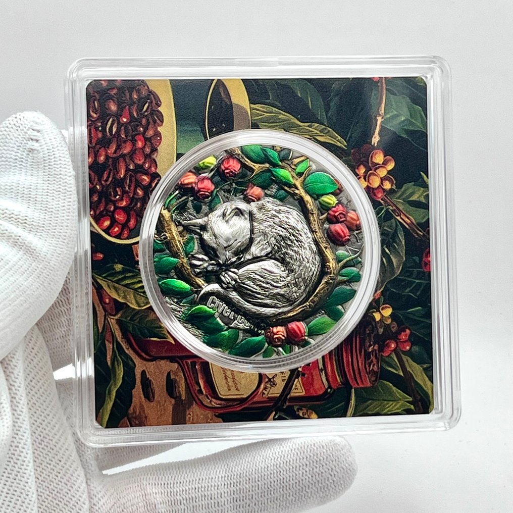 Cameroon. 2,000 Francs 2025 – Civet Coffee – 2 oz Silver – .999 Fine – High Relief – Antique Finish #1.0