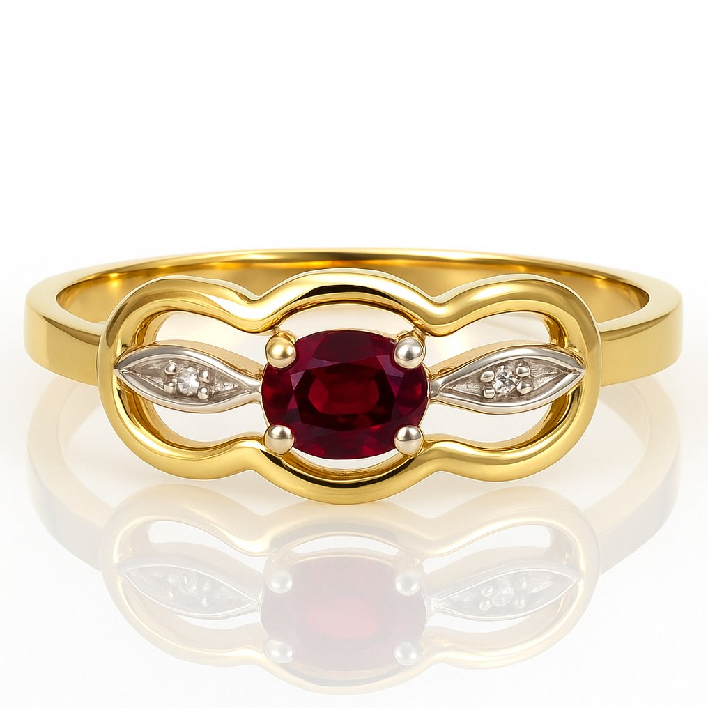 Ring - 18 kt. Yellow gold, White gold - 0.22ct. tw. Ruby - Diamond #2.1