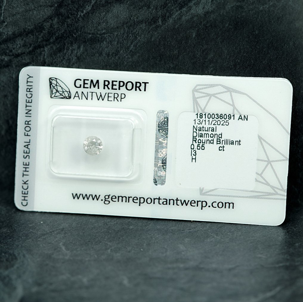 Zonder minimumprijs - 1 pcs Diamant  (Natuurlijk)  - 0.55 ct - Rond - H - I3 - Gem Report Antwerp (GRA) #1.0