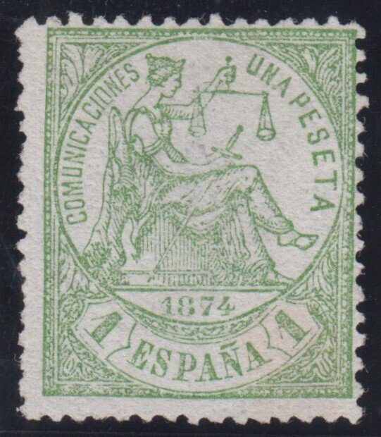 Ισπανία 1874 - Αλληγορία της Δικαιοσύνης. 1 πεσέτα, πράσινο. - Edifil 150 #1.0