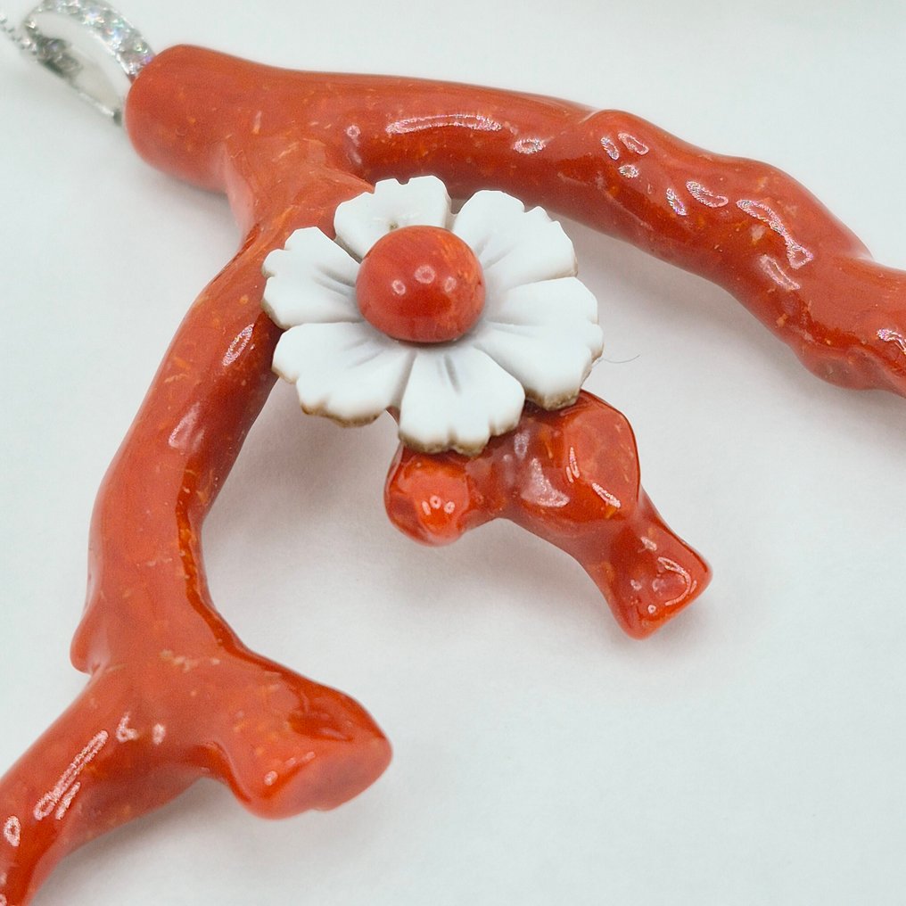 Coral cor de sangue - Prata - Colar com pingente - CORALLO MEDITERRANEO #2.1