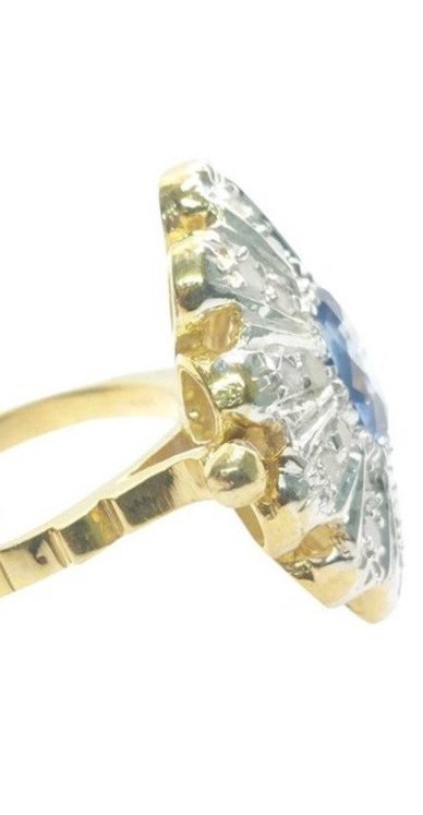 Zonder minimumprijs - Ring - 9 kt. Geel goud, Zilver Saffier - Diamant #2.1