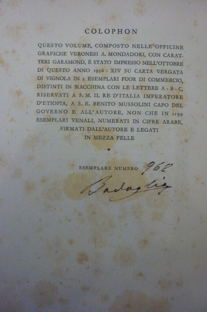 Αυτογράφημα με στυλό του Maresciallo Badoglio σε βιβλίο σε αριθμημένο αντίτυπο, Ο Πόλεμος της - Πλήρες χαρτογραφικό υλικό - Βασίλειο της Ιταλίας φασιστικό - Με προλεγόμενο του Mussolini - Στρατιωτικά αξεσουάρ - 1936 #1.0