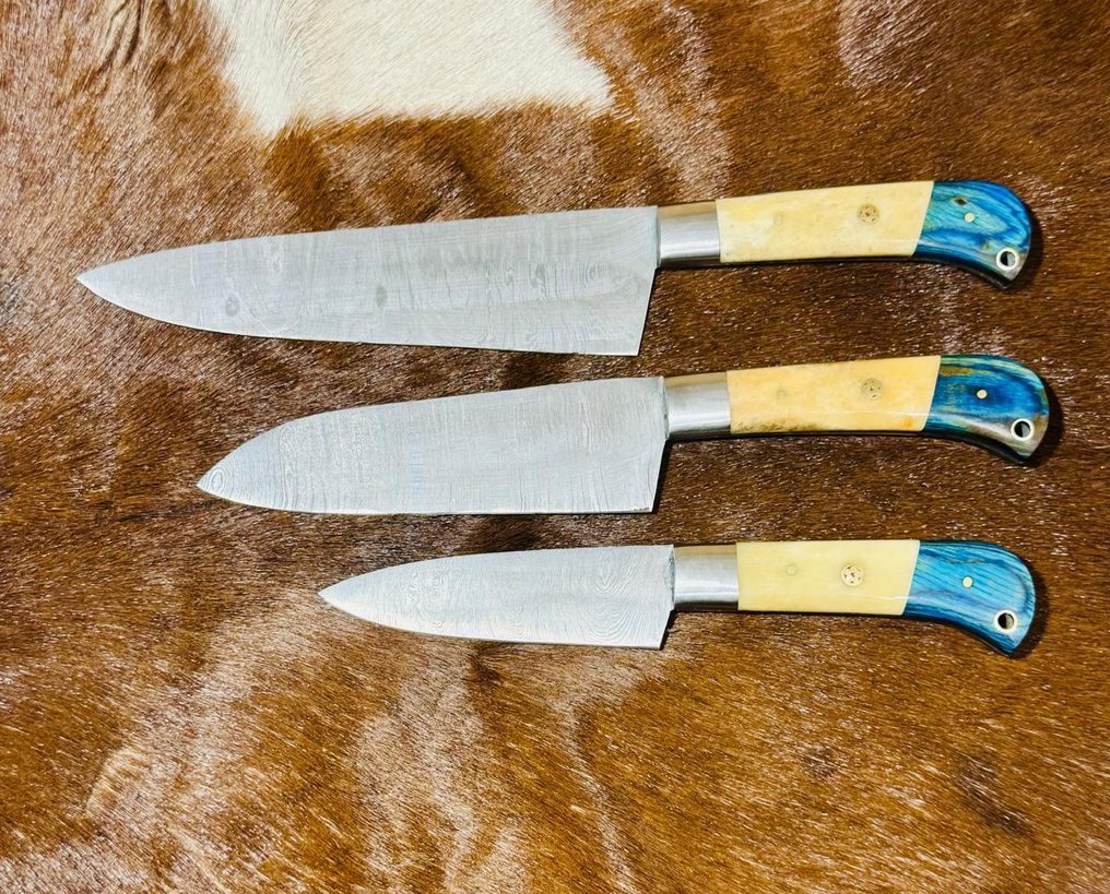 厨刀 -  厨房刀具套装（0062） - 由骆驼骨、异国木材制成的把手和由折叠钢制成的刀刃 - 英国 - 厨房刀具套装 #2.1