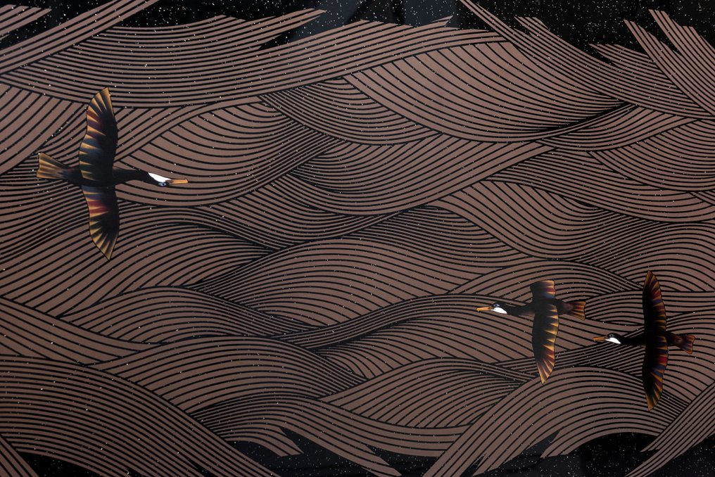 Tavolo - Lacca - A black lacquer low table with birds in flight over stylised waves - Giappone - Showa period (mid 20th century) - A lacquer low table #2.1