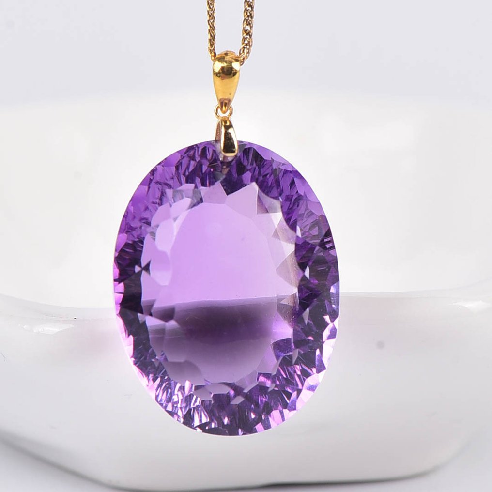 χωρίς τιμή ασφαλείας - Κολιέ με μενταγιόν - 18 καράτια Κίτρινο χρυσό Αμέθυστος - ALGT Πιστοποιημένο #1.0