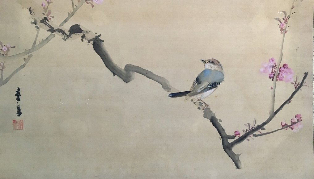 Bird and Flower / Japanese Vintage Hanging Scroll KAKEJIKU / Silk / Hand Painted - Signed - Japan  (No reserve price) #2.1