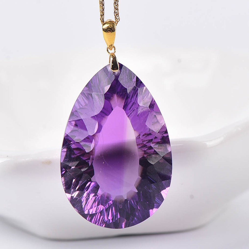 χωρίς τιμή ασφαλείας - Κολιέ με μενταγιόν - 18 καράτια Κίτρινο χρυσό Αμέθυστος - ALGT Πιστοποιημένο #1.0