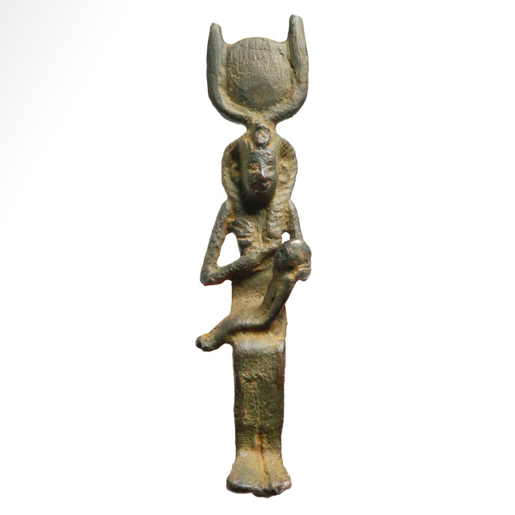 Antico Egitto, Tolemaico Bronzo Iside seduta con il giovane Horus #1.0