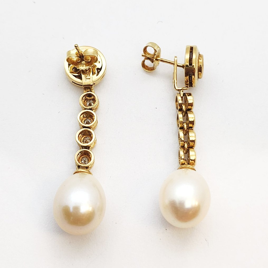 Drop fülbevaló - 18 kt. Sárga arany Gyöngy - Gyémánt #3.2