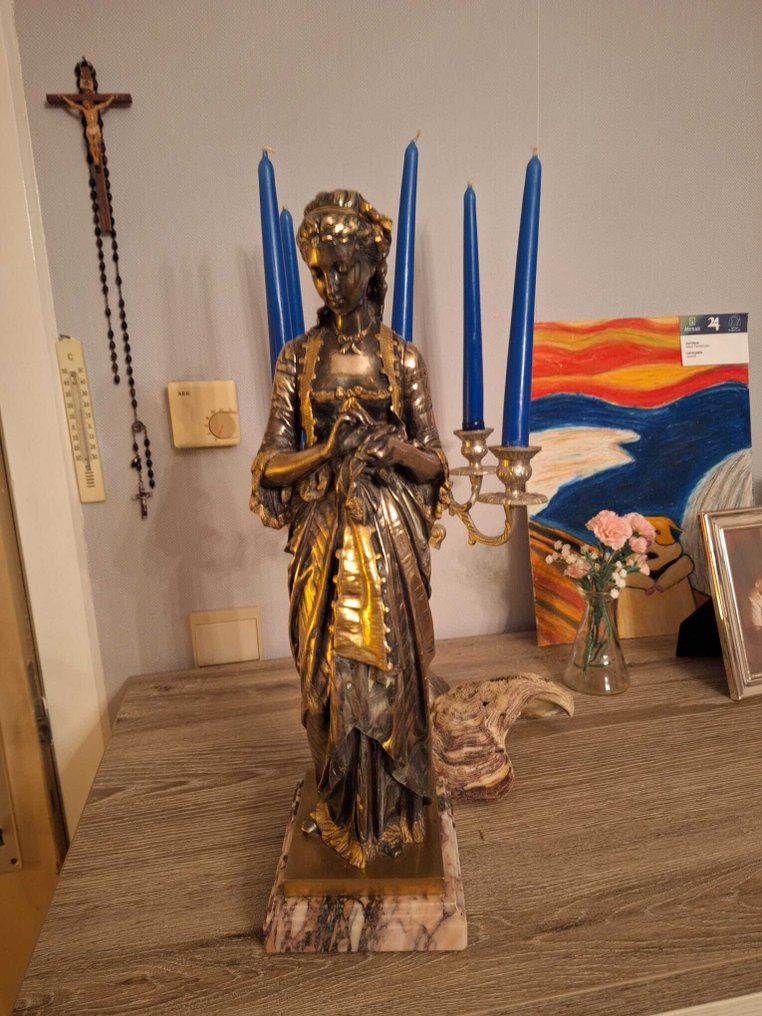 Eugène-Antoine Aizelin (1821-1902) - 雕像, Femme troubadour - 45 cm - 銅綠青銅 #1.0