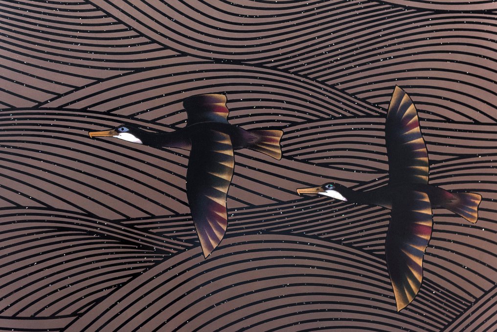 Tavolo - Lacca - A black lacquer low table with birds in flight over stylised waves - Giappone - Showa period (mid 20th century) - A lacquer low table #3.2