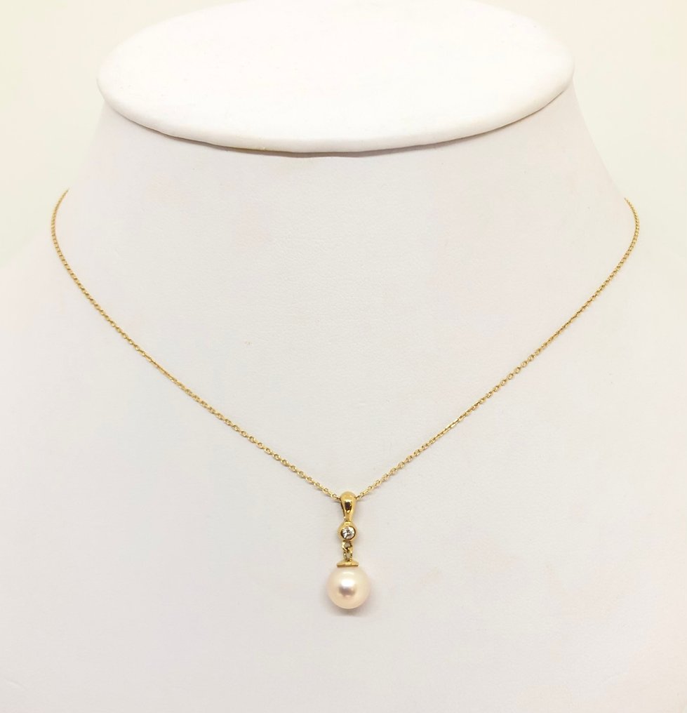 Ketting met hanger Akoya parel - Geelgouden 18K sluiting Diamant (Natuurlijk) #2.1