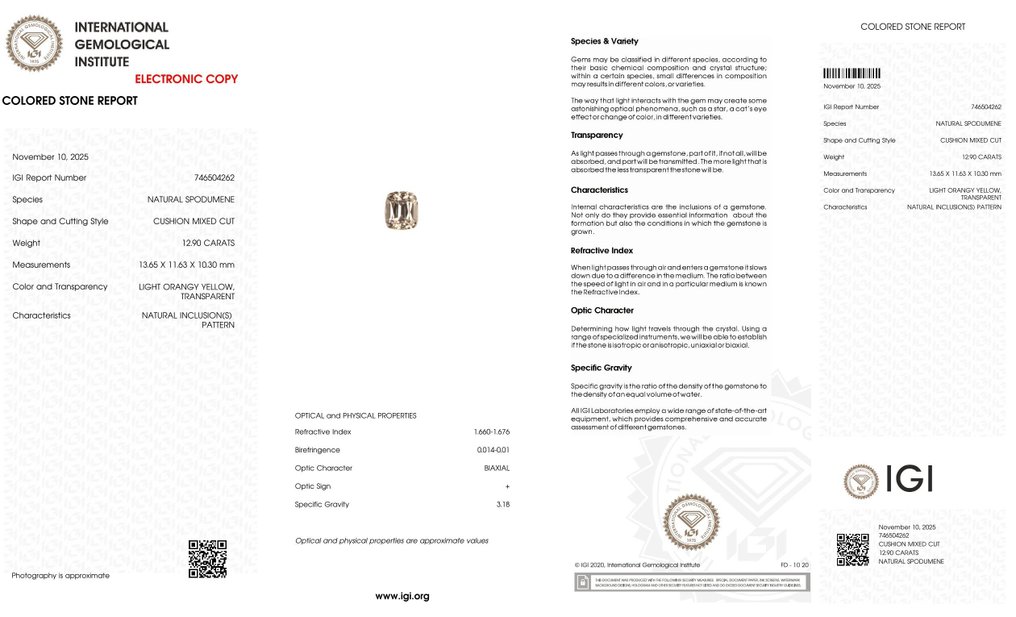 没有保留价 - 1 pcs  粉色 锂辉石  - 12.90 ct - 国际宝石研究院（IGI） - 天然昆士璧 #2.1