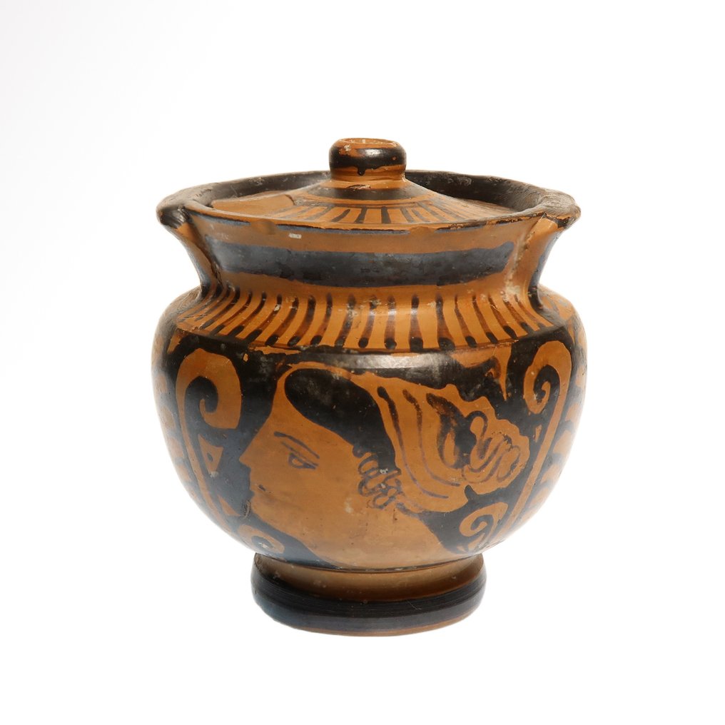 Greco antico, apulo Terracotta Pyxis a figura rossa con coperchio #3.2