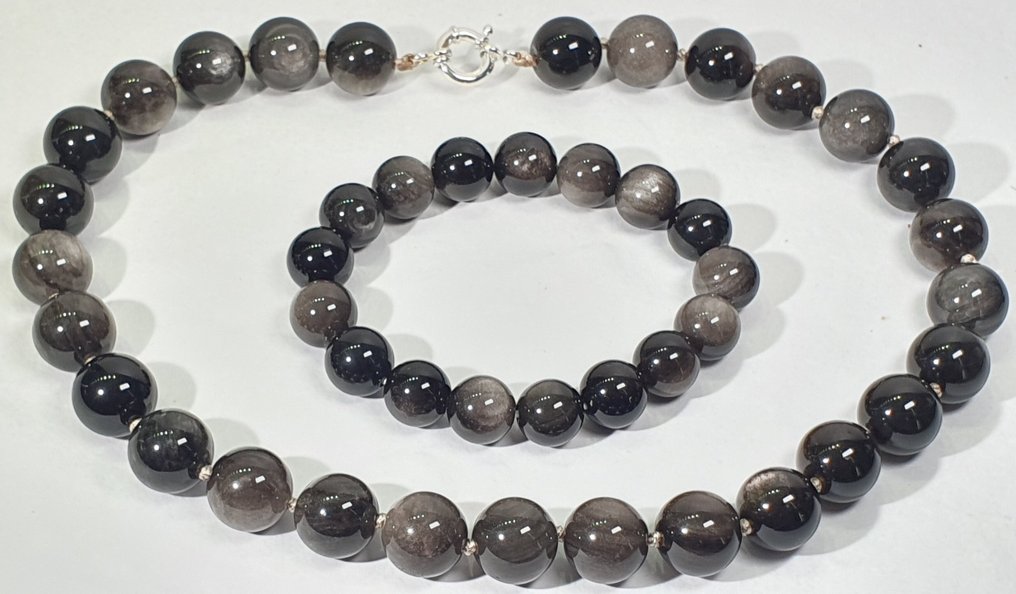 银色黑曜石 - XL - 非常稀有 - 抵抗负能量 - 925纯银 - 项链 #1.0