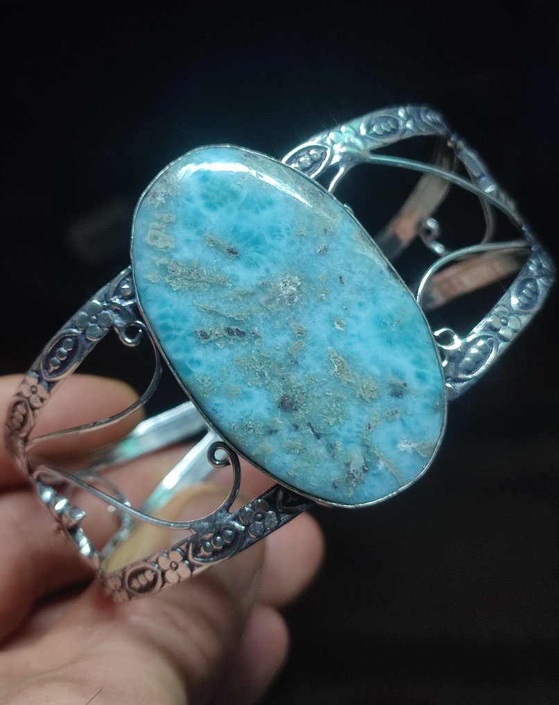 无底价，非常漂亮的天然蓝色海洋拉利玛尔925银手链 - 手镯 #1.0