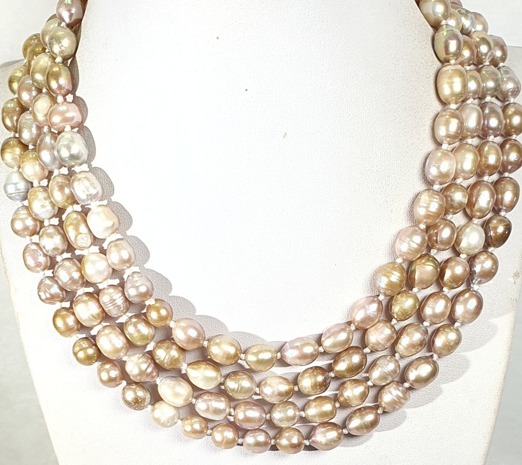 淡水金色珍珠 - 自然色 - 非常长 - 纯洁的象征 - 925银镀金 - 项链 #1.0