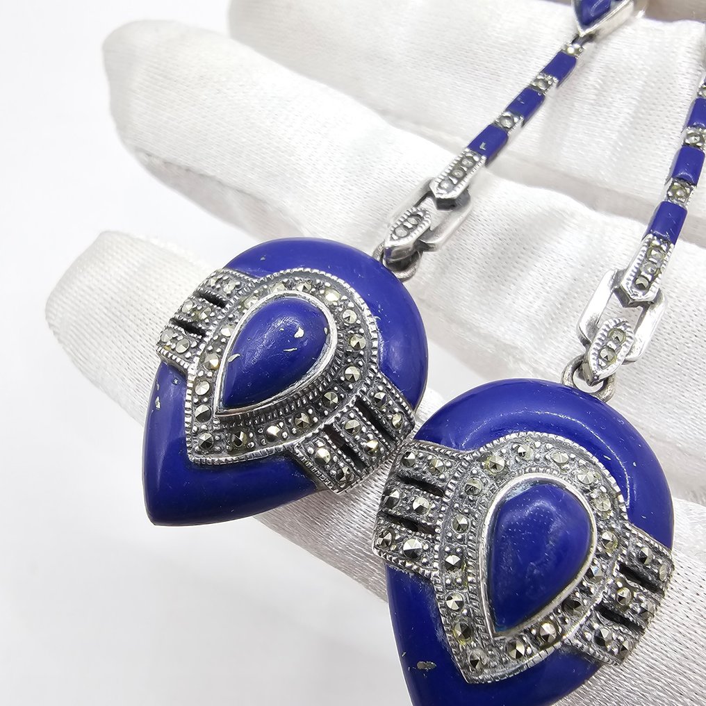 Argento, 925 sterling silver lapis lazuli & marcasite - Orecchini pendenti a goccia - Art Deco Geometrico #4.3