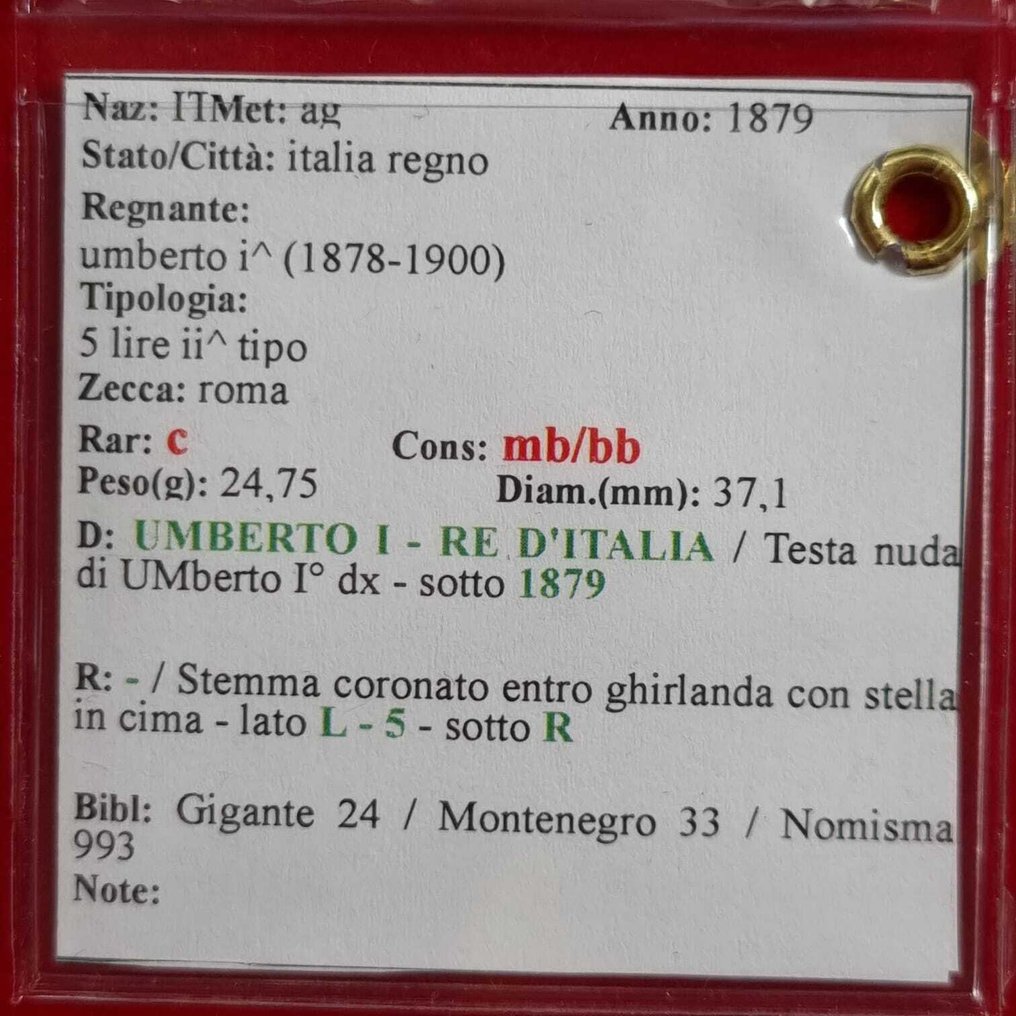 Italy. Umberto I. 5 Lire 1879  (No reserve price) #2.1