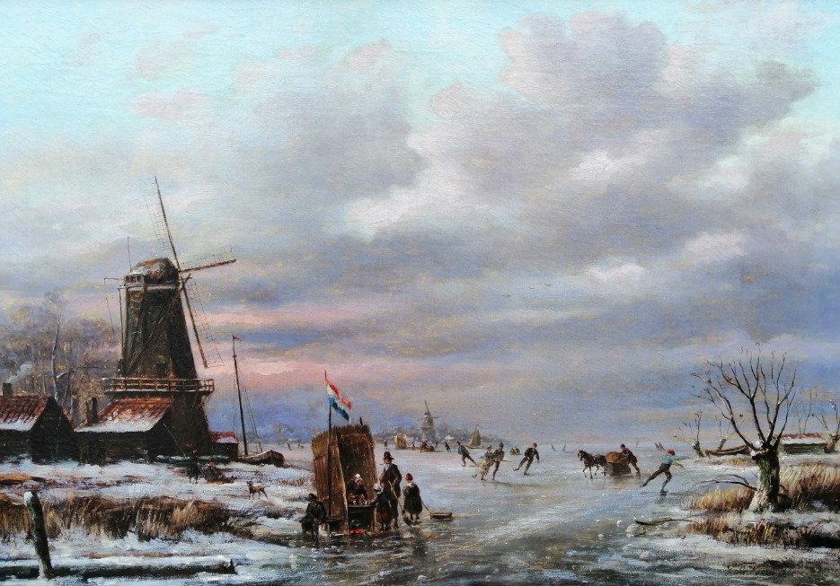 Sebastiaan  Theodorus Voorn Boers (1825 - 1893) - Winterlandschap met molen en koek en zopie #1.0