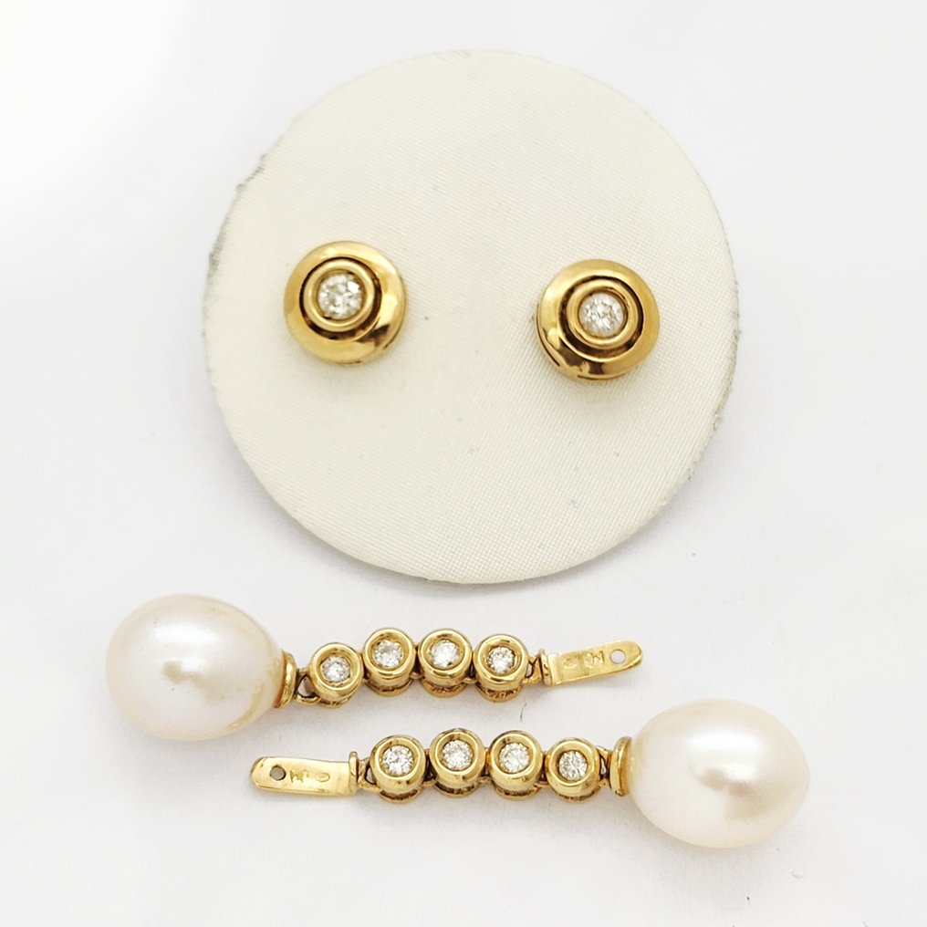 Drop fülbevaló - 18 kt. Sárga arany Gyöngy - Gyémánt #1.0