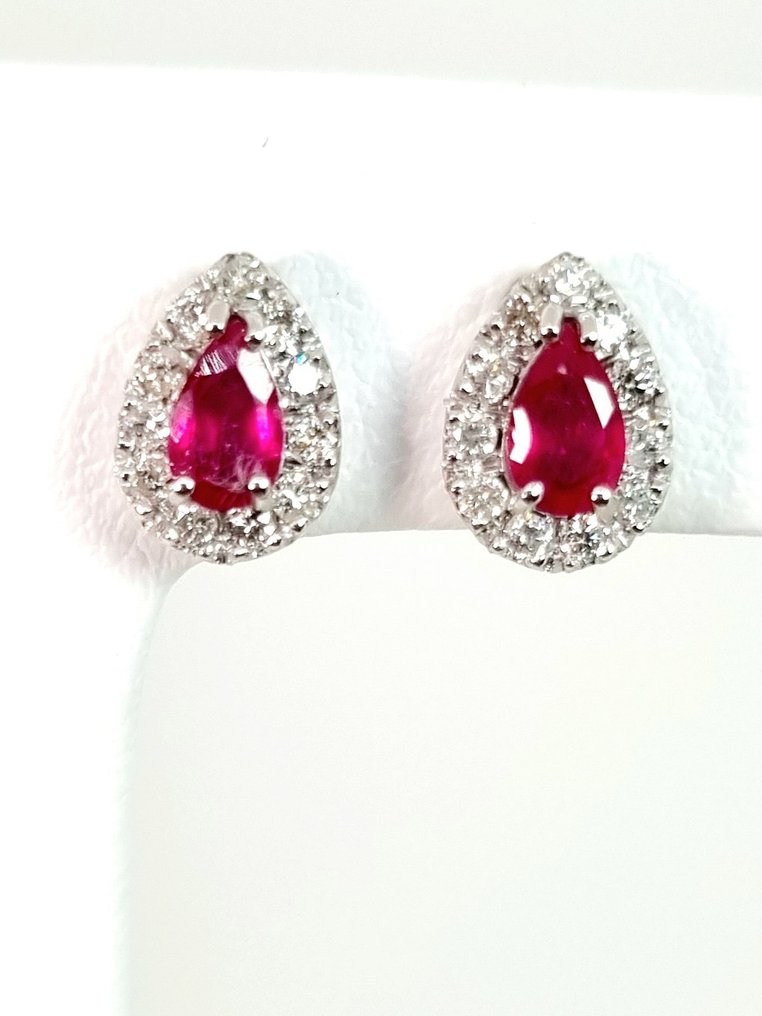 Drop fülbevaló - 18 kt. Fehér arany Rubin - Gyémánt #1.0