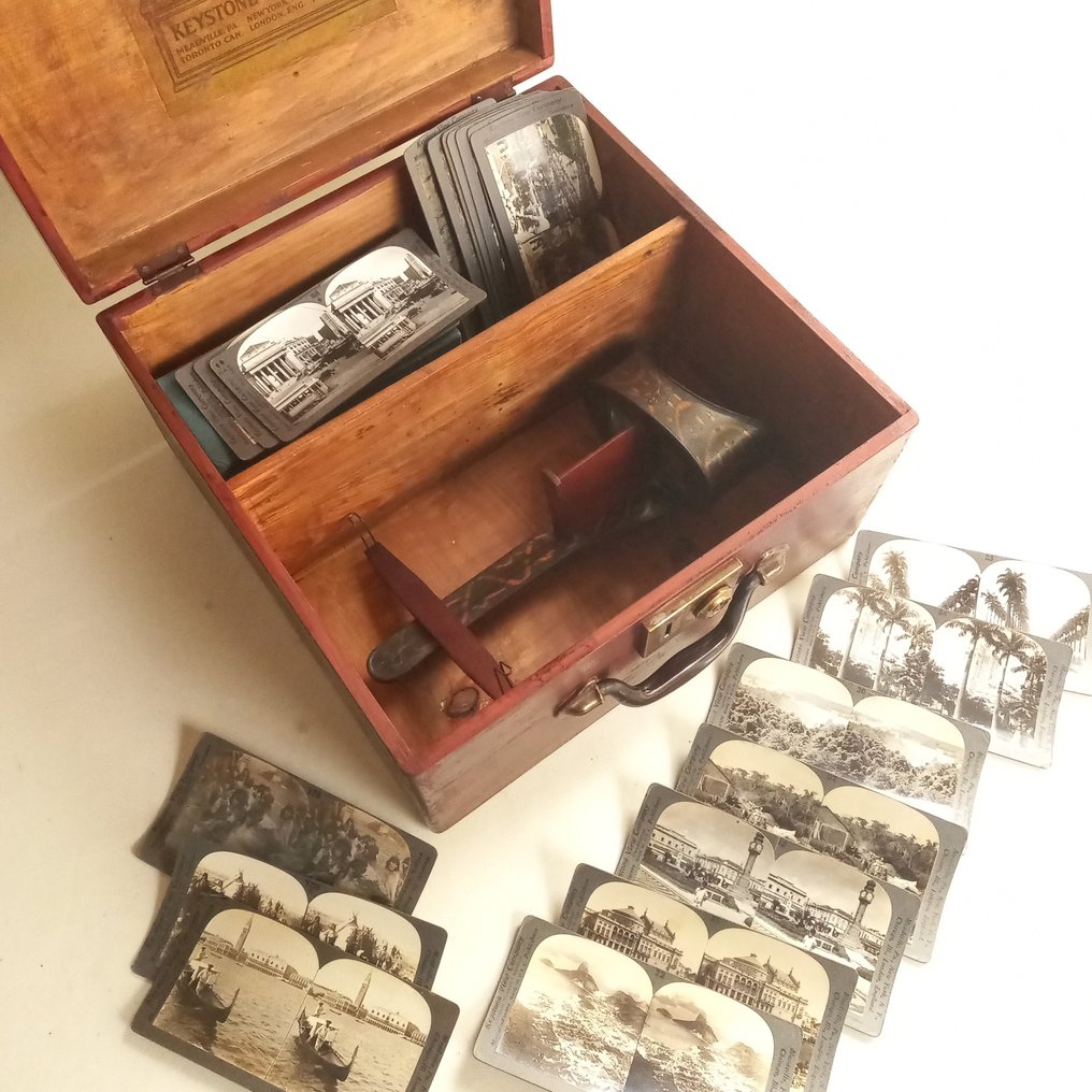 Keystone Stereoscope 1910s with 20 Stereo cards, wooden Stereo viewer #1.0