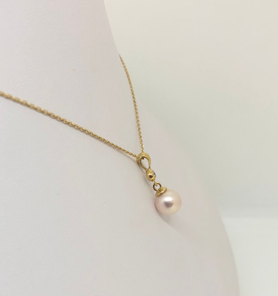 Ketting met hanger Akoya parel - Geelgouden 18K sluiting Diamant (Natuurlijk) #4.3