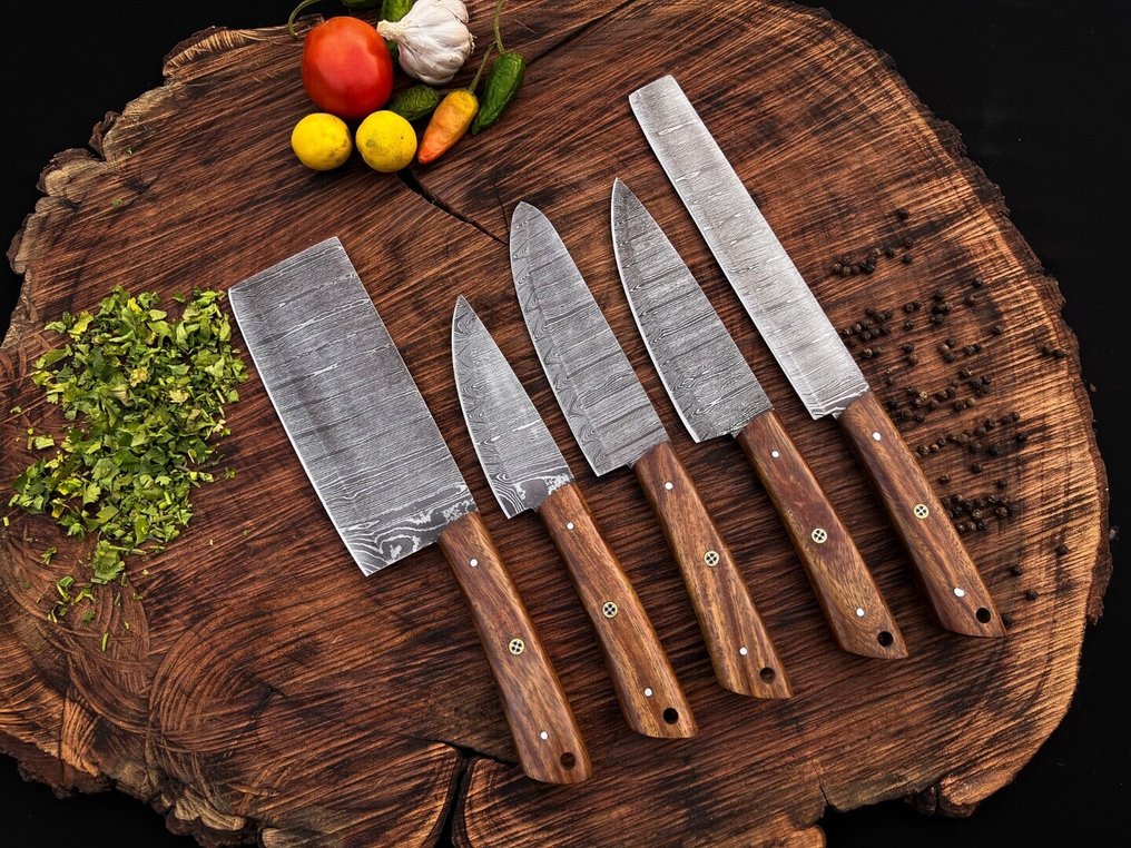 Coltello da cucina -  Set di coltelli da chef da cucina per usi quotidiani in interno ed esterno (UZ-293) - American ROSE legno e lama realizzati in acciaio piegato 1095 e 15N20 - Stati Uniti - Set da cucina e barbecue #4.3