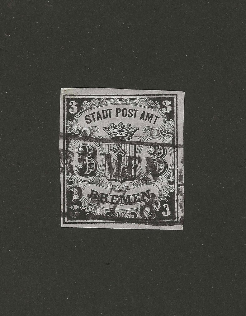 Brema 1855 - Altdeutschland - marca da 3 Groschen con margine completo e timbro rettangolare a due righe di - Mi.# 1 y #2.1