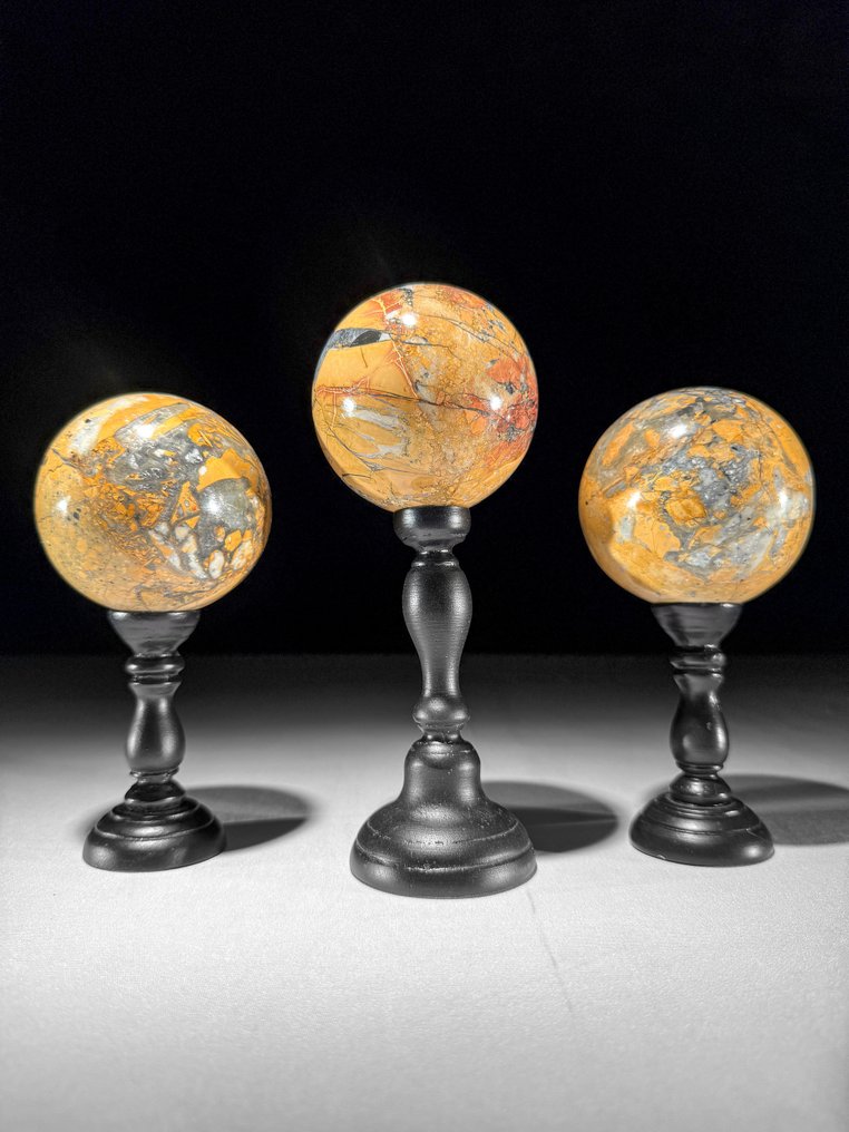 无底价 - 精彩的3件套黄马利加诺碧玉 定制支架上的球体- 2100 g - (3) #2.1