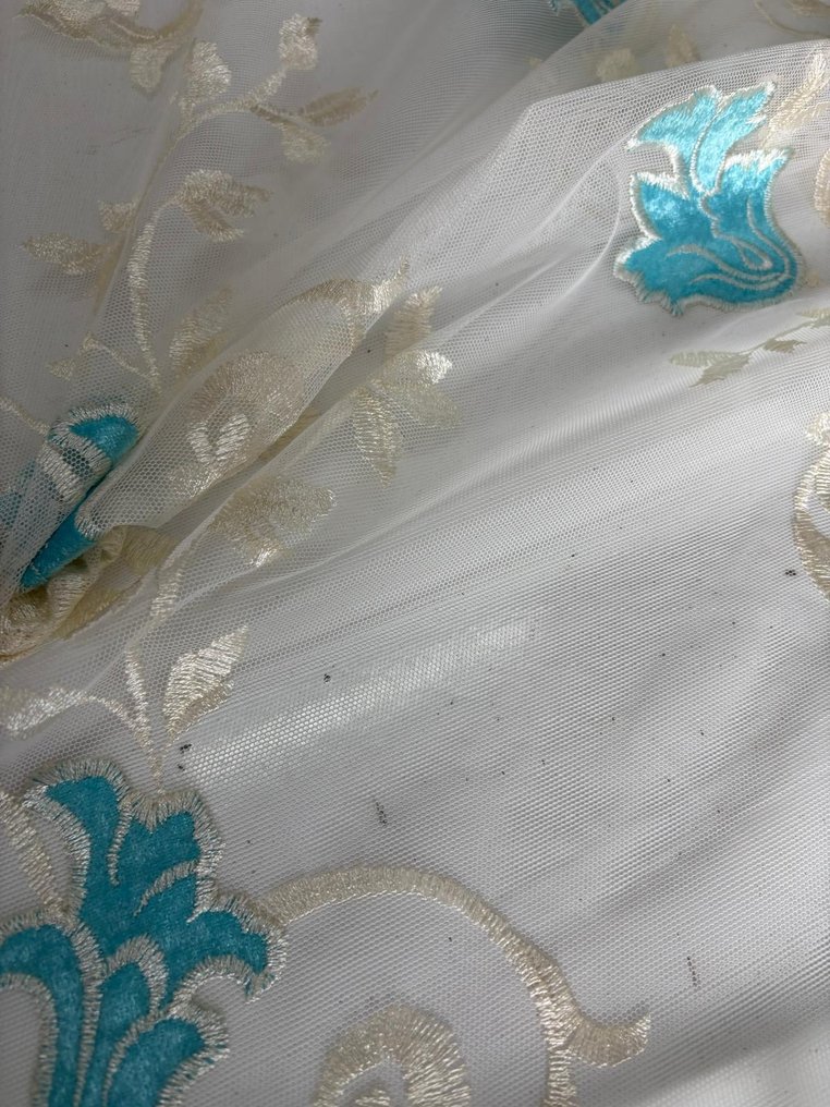 Precious curtain fabric, French embroidered and hemmed at the base, in turquoise and light cream. - Curtain fabric - 400 cm - 300 cm #4.3