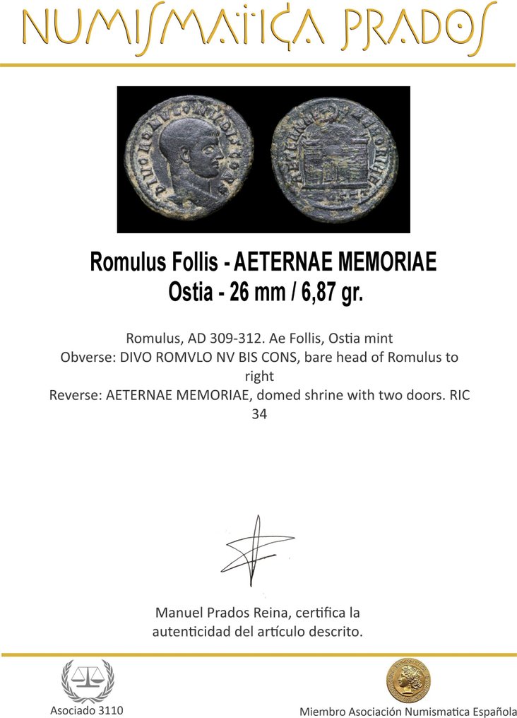 Roman Empire. Romulus († AD 309). Follis  (No reserve price) #1.0