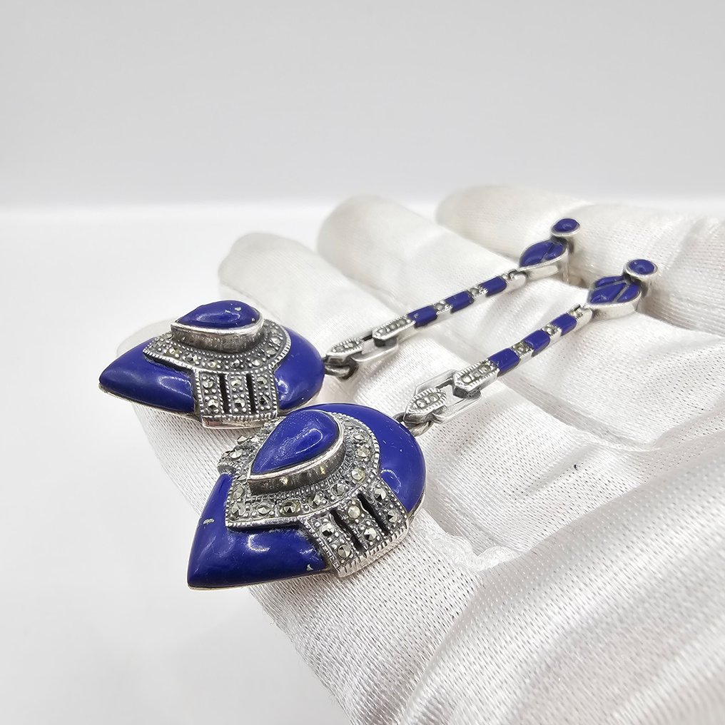 Argento, 925 sterling silver lapis lazuli & marcasite - Orecchini pendenti a goccia - Art Deco Geometrico #3.2
