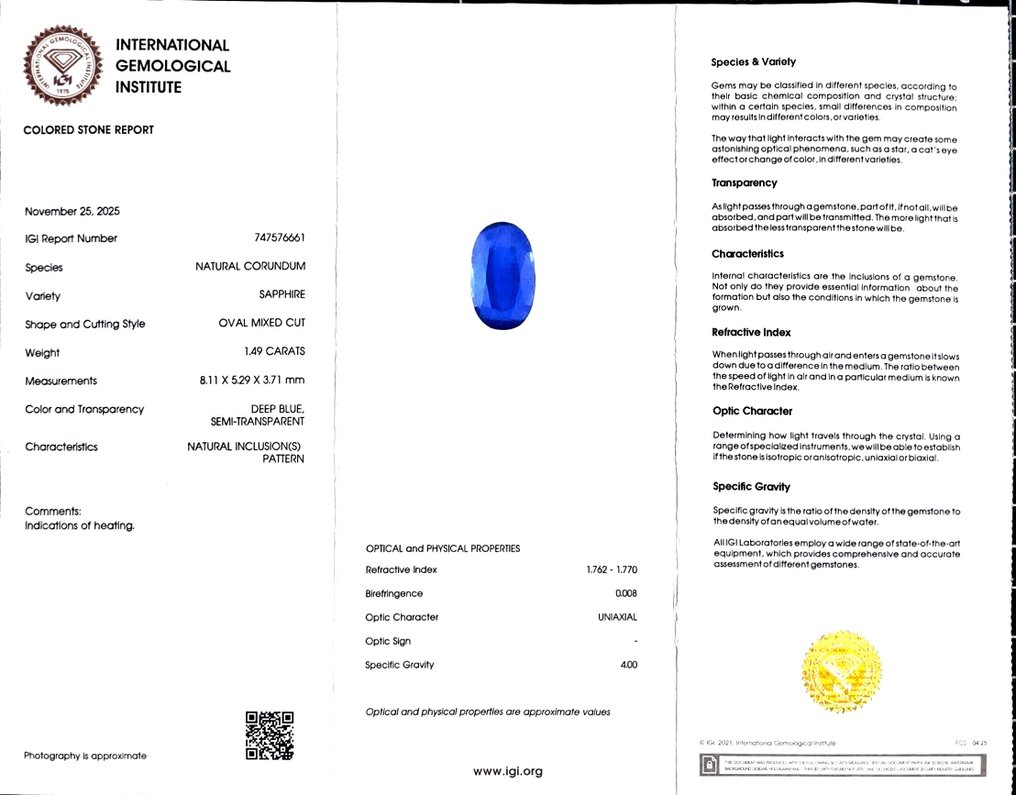 Nincs minimálár Kék Zafír  - 1.49 ct - Nemzetközi Gemmológiai Intézet (IGI) #2.1