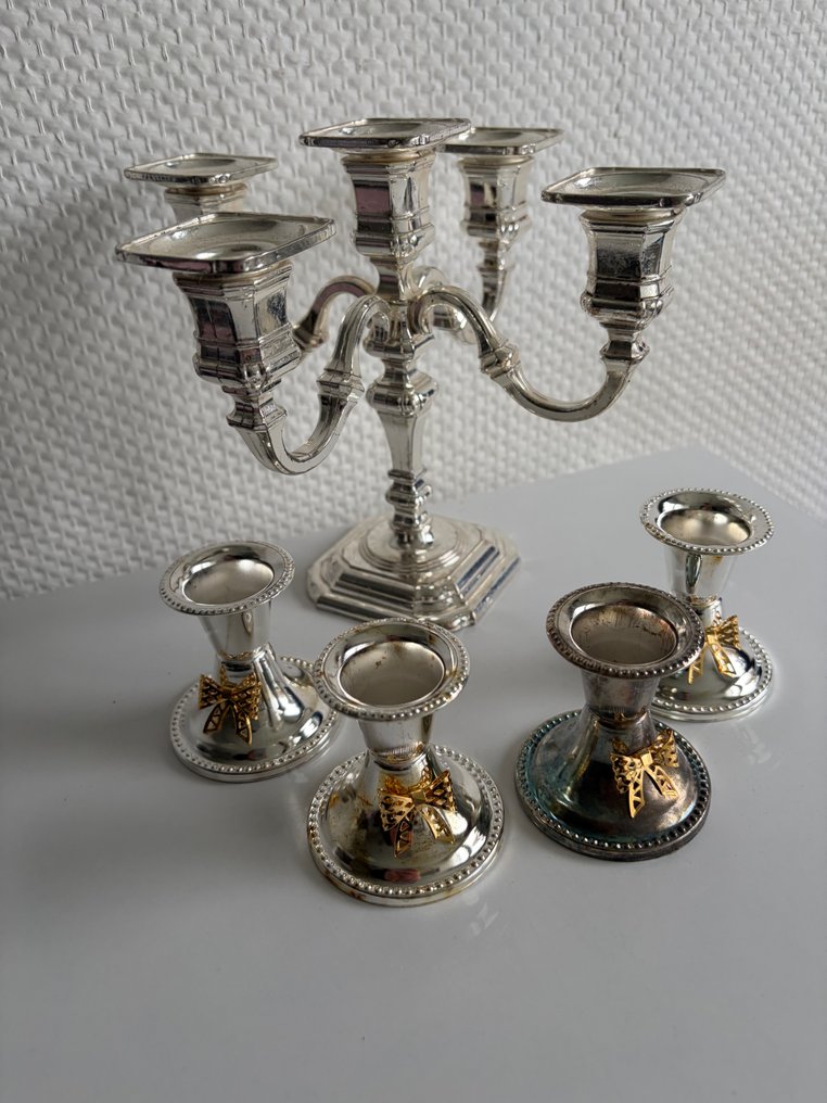 Ensemble de Chandeliers Plaqué Argent (5-Bras + 4 Bougeoirs Individuels) - Taperstick (5) - Silverplated, Gold plated #1.0