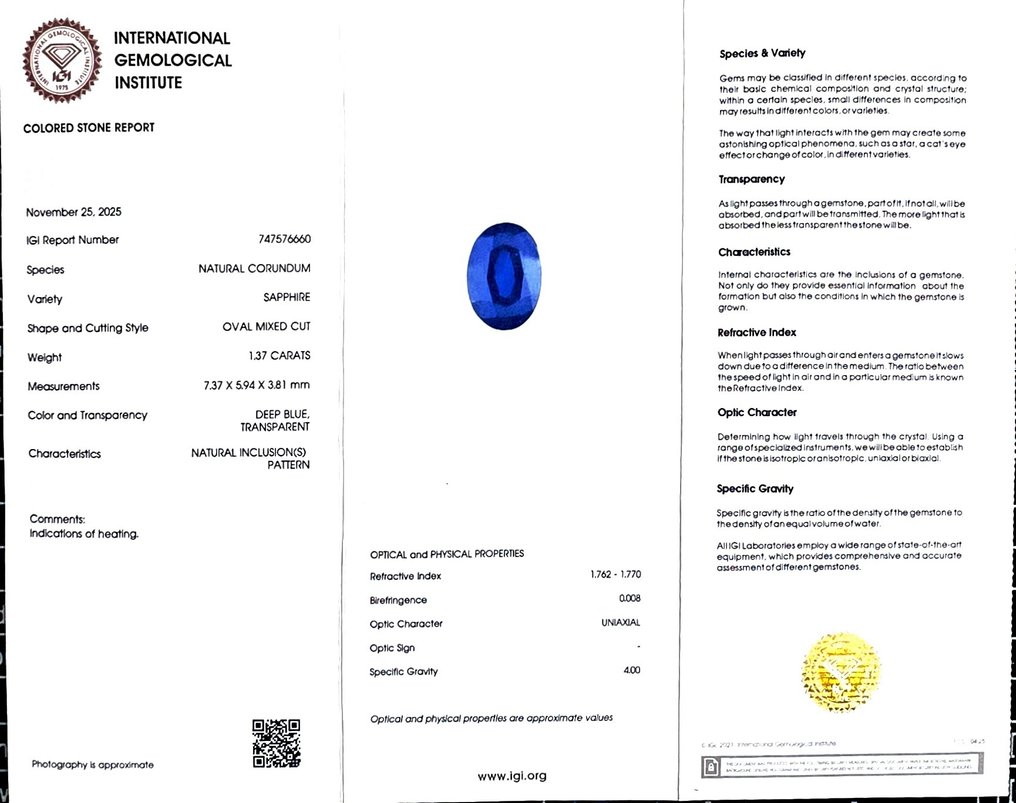 Fără preț de rezervă Albastru Safir - 1.37 ct - IGI (Institutul gemologic internațional) #2.1