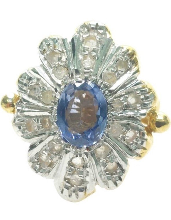 Zonder minimumprijs - Ring - 9 kt. Geel goud, Zilver Saffier - Diamant #1.0